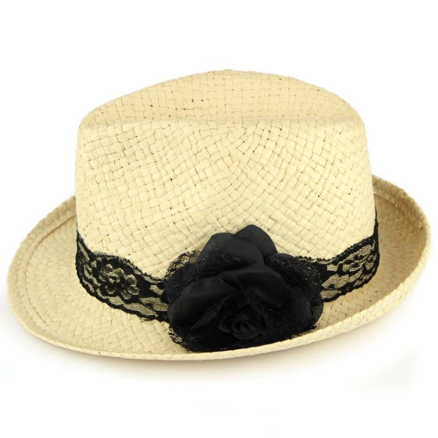 Straw paper trilby hat with lace band and flower corsage - Natural