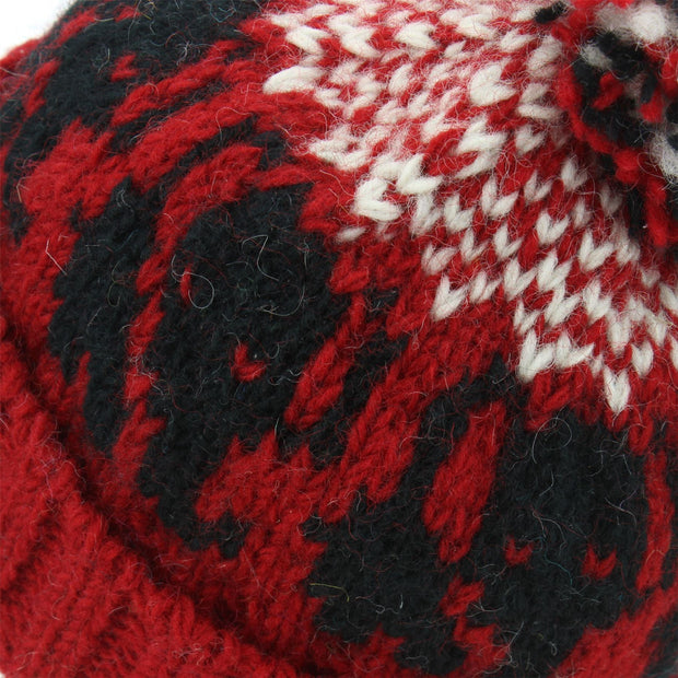 Wool Knit Bobble Beanie Hat - Elephant - Red White