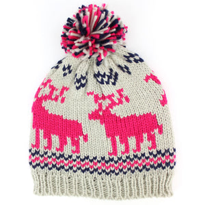 chunky knit bobble beanie hat with reindeer design - Pink