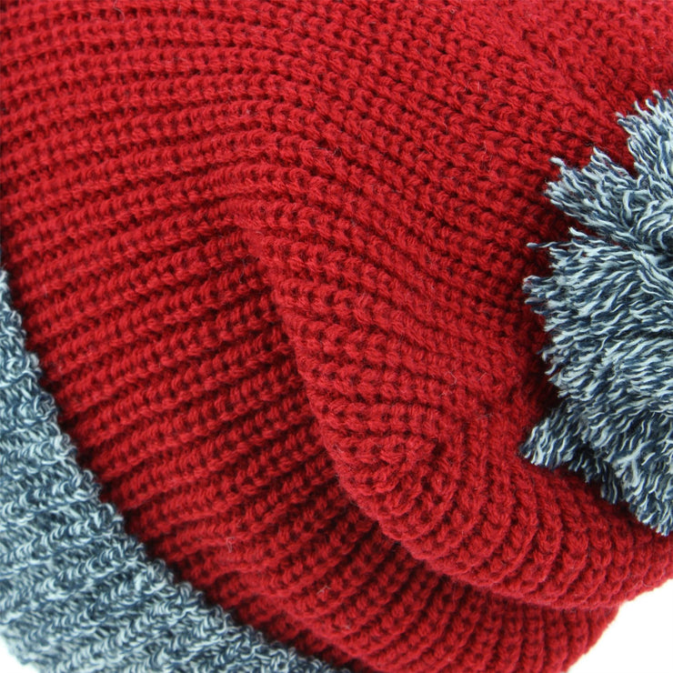 Chunky Double Knit Beanie Hat with Contrast Marl Bobble and Turn-up - Red