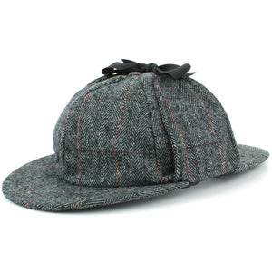 Deerstalker Sherlock Holmes Hut aus Wolle mit Fischgrätenmuster – dunkelgrau