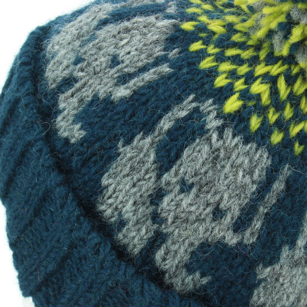 Wool Knit Bobble Beanie Hat - Elephant - Teal Yellow