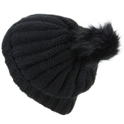 Chunky Knit Beanie Hat with Thick Fleece Lining and Faux Fur Bobble - Black