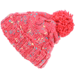 Chunky Knit Colourful Fleck Bobble Beanie Hat - Pink