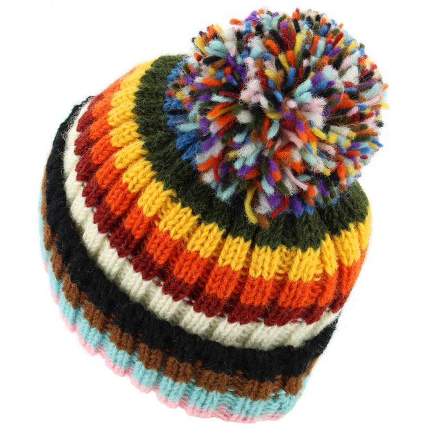 Hand Knitted Wool Beanie Bobble Hat - Stripe Progress Rainbow
