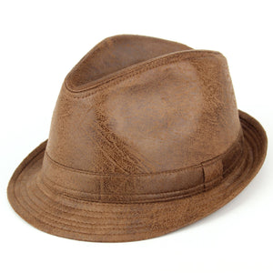Vintage effekt knækket læder trilby hat - Brun