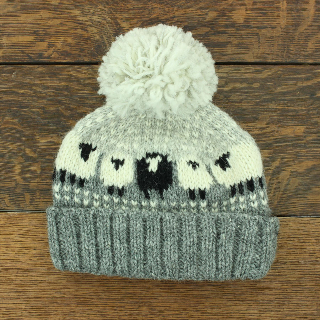 Hand Knitted Wool Beanie Bobble Hat - Sheep - Grey