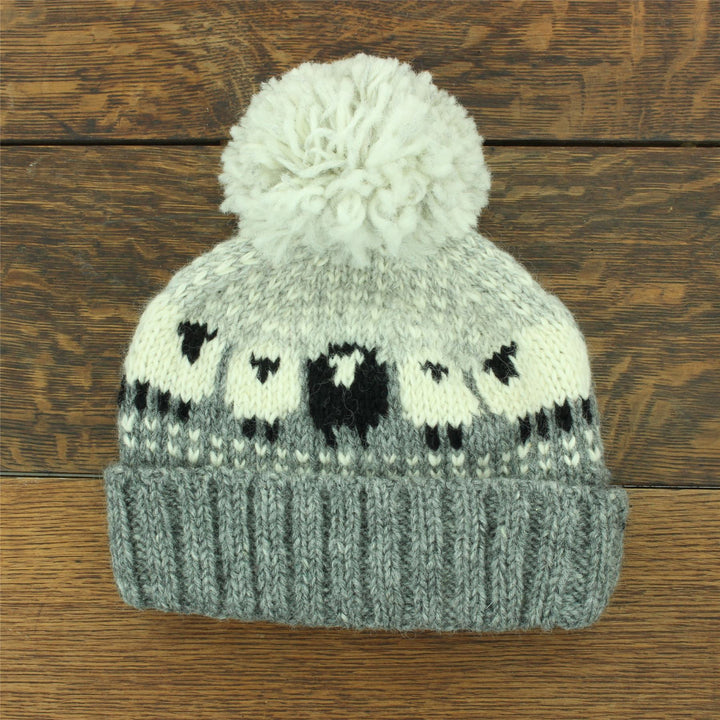 Hand Knitted Wool Beanie Bobble Hat - Sheep - Grey