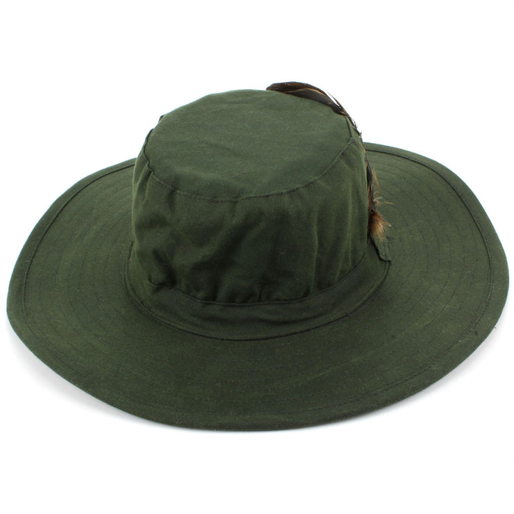 Wide Brim Outback Style Wax Cotton Bush Hat with Feather - Green