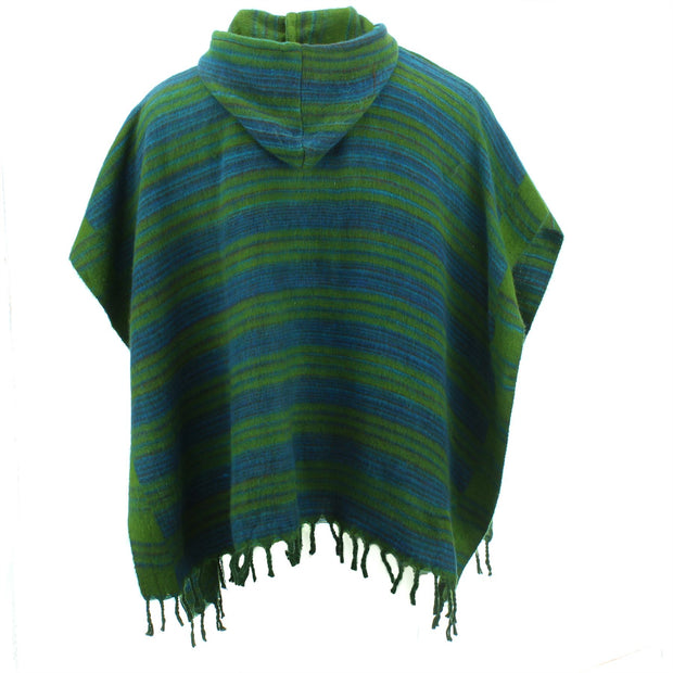 Hooded Square Poncho - Green & Blue