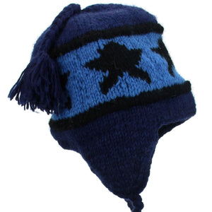 Wool Knit Earflap Tassel Hat - Star Blue