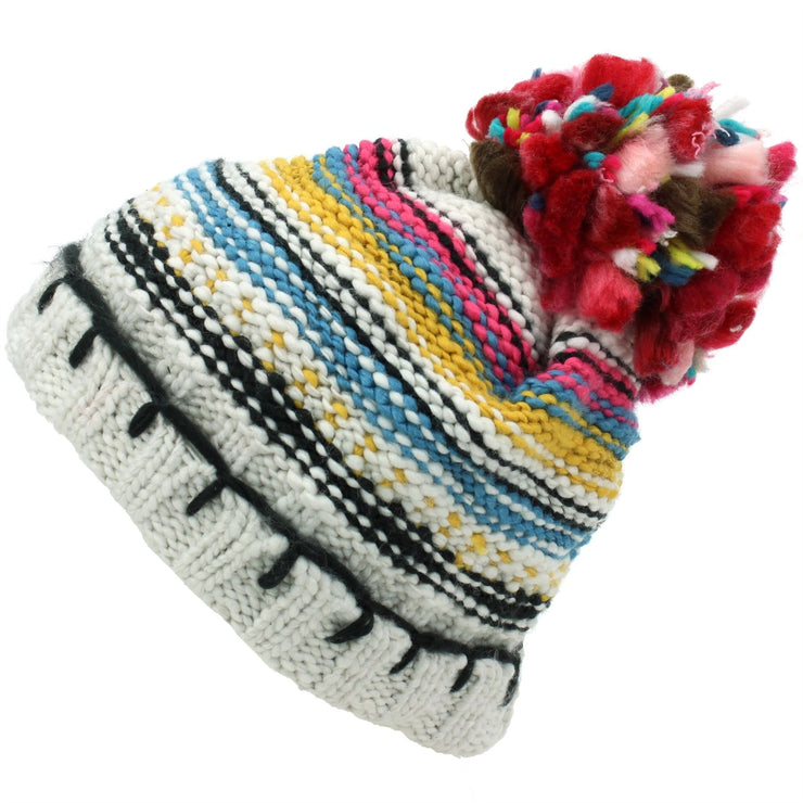 Stripe Knitted Beanie Hat with Bobble - White