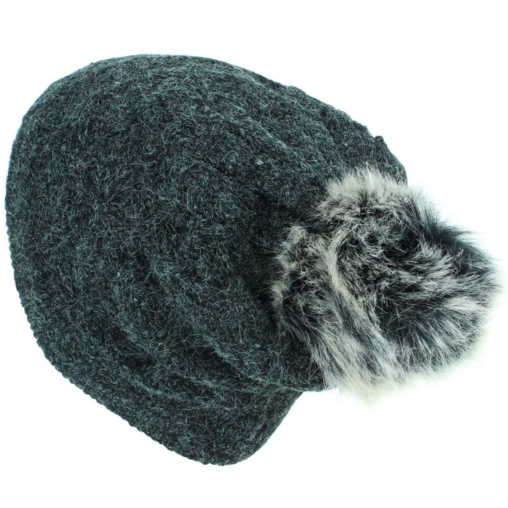 Knitted Slouch Bobble Beanie Hat with Super Soft Fleece Lining - Black