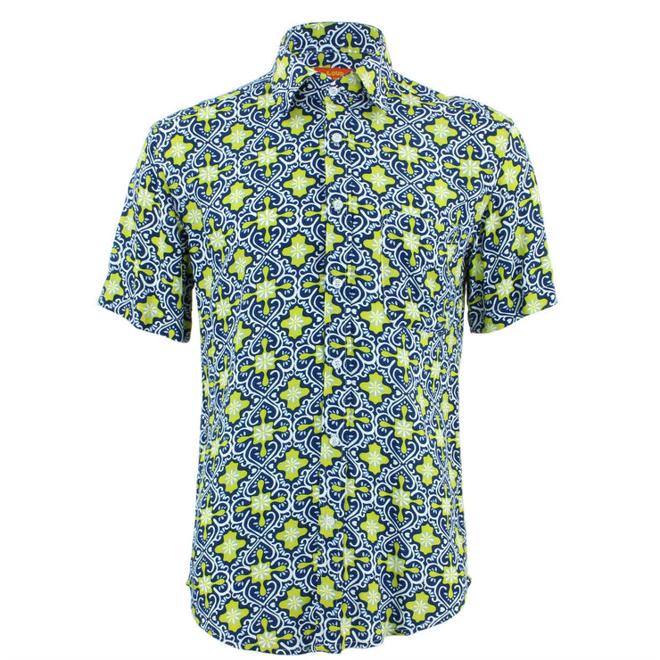 Tailored Fit Short Sleeve Shirt - Blue & Yellow Tile
