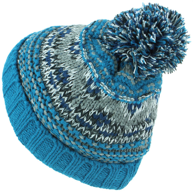Children's Chunky Knit Fairisle Bobble Beanie Hat with Fleece Lining - Blue