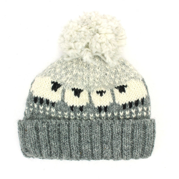 Hand Knitted Wool Beanie Bobble Hat - Sheep - Grey