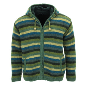 Cardigan veste à capuche en laine tricotée à la main - rayure bleu vert