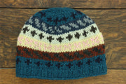 Wool Knit Beanie Hat - Stripe Navy Pink Pattern
