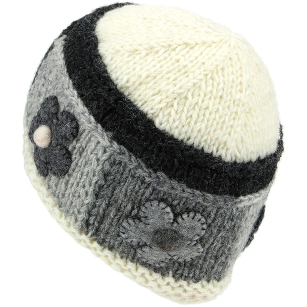 Ladies Wool Knit Beanie Hat with Flower Patch Design - Off White