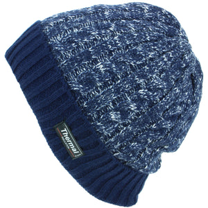 Cable Knit Marl Beanie Hat with Turn-up - Blue