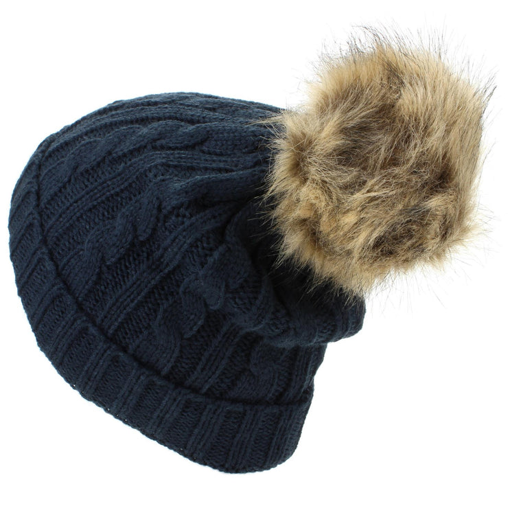 Childrens Cable Knit Beanie Hat with Faux Fur Bobble and Turn-up - Navy