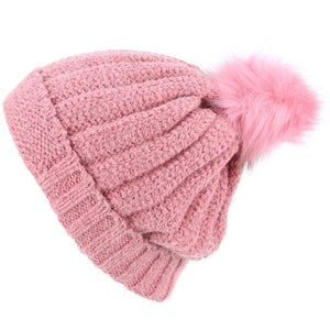 Chunky Knit Beanie Hat med tykt fleecefor og imiteret pelsboble - Pink