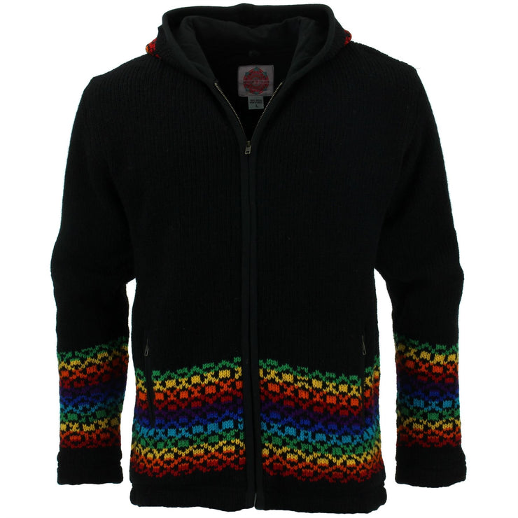 Wool Knit Hooded Cardigan Jacket - Black Rainbow Diamonds