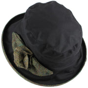Ladies Waterproof Wax Cloche Hat with Tweed Rose and Brim - Black (Dark Green Tweed)