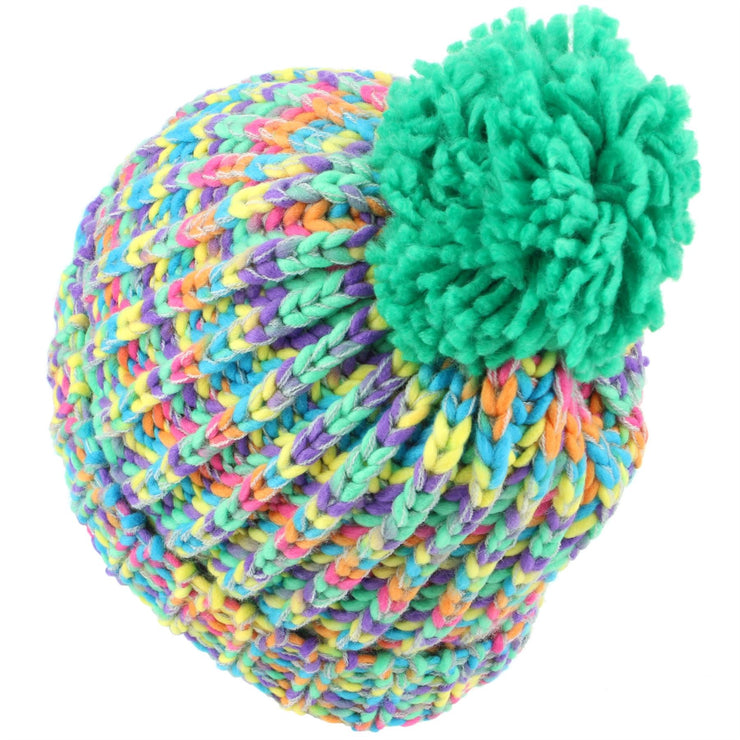 Children's Chunky Rainbow Knit Bobble Beanie Hat - Green Bobble