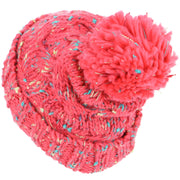 Chunky Knit Colourful Fleck Bobble Beanie Hat - Pink