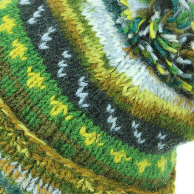 Chunky Wool Knit Abstract Pattern Beanie Bobble Hat - 17 Green