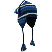 Wool Knit Earflap Tassel Hat - Stripe Blue White
