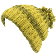 Chunky Wool Knit Baggy Slouch Striped Beanie Bobble Hat - Green