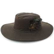 Wide Brim Outback Style Wax Cotton Bush Hat with Feather - Brown