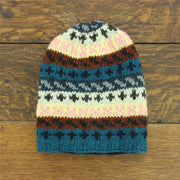 Wool Knit Baggy Slouch Beanie Hat - Stripe Navy Pink Pattern