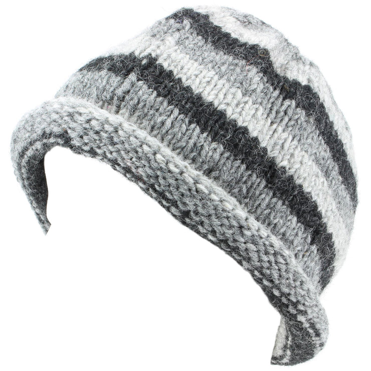 Chunky Wool Knit Beanie Hat with Rolled Brim - Grey