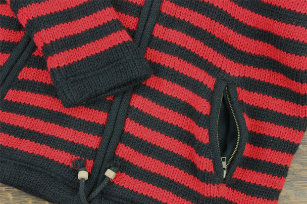 Hand Knitted Wool Hooded Jacket Cardigan - Stripe Red Black