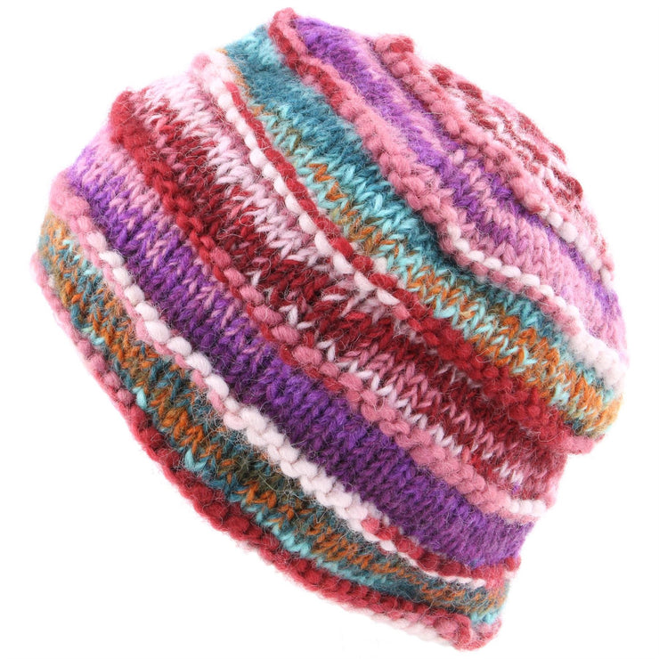 Chunky Ribbed Wool Knit Beanie Hat with Space Dye Design - Pink