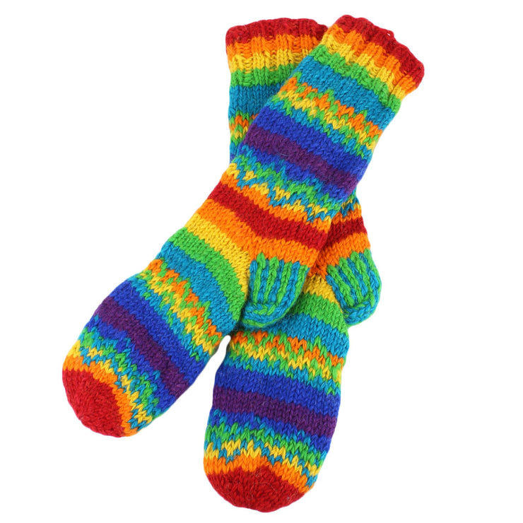 Hand Knitted Wool Slipper Socks Lined - Stripe Rainbow Zig Zag