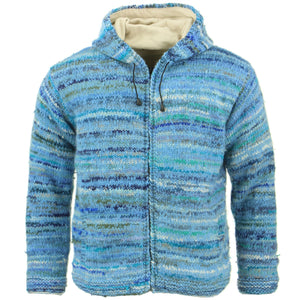 Space Dye Chunky Wool Knit Hooded Cardigan Jacket - Light Blue