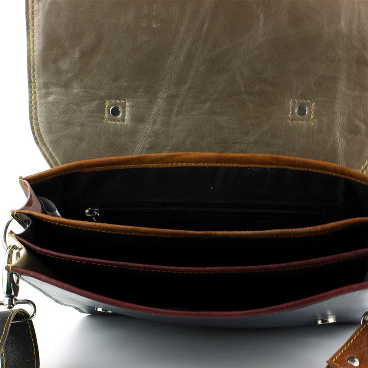 Real Leather Colourful Satchel Messenger Shoulder Bag - Yellow & Navy Mix