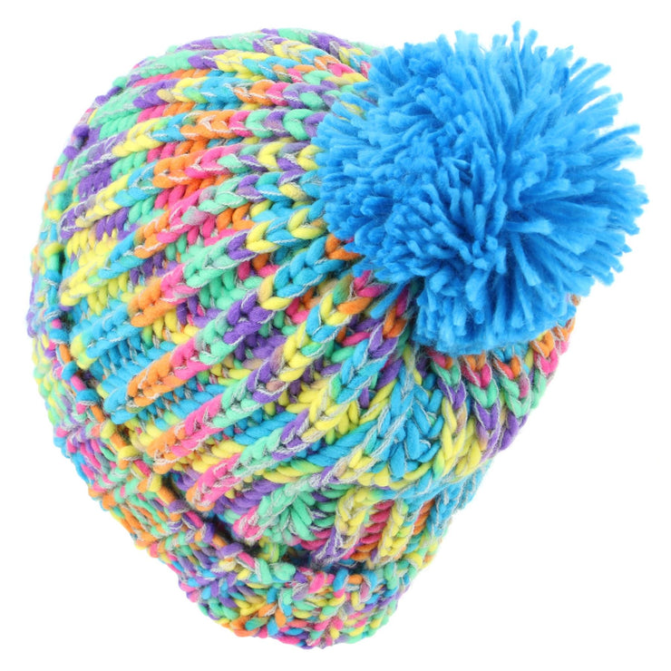 Children's Chunky Rainbow Knit Bobble Beanie Hat - Blue Bobble