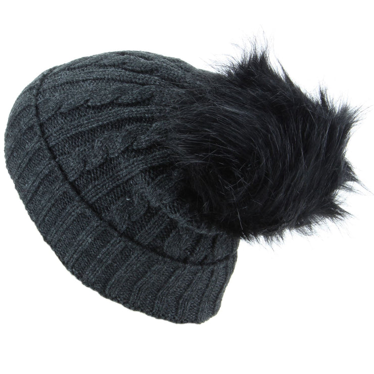 Cable Knit Beanie Hat with Faux Fur Bobble - Charcoal Grey
