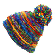 Hand Knitted Wool Beanie Bobble Hat - SD Rainbow Rib