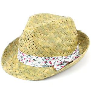 Straw Trilby Fedora Hat with Floral Print Band - Red