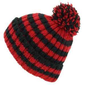 Bonnet pompon en laine tricoté à la main - rayure rouge noir