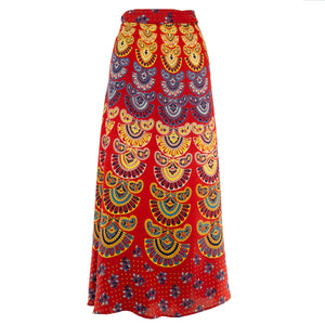 Langer Maxi-Wickelrock mit Blockdruck-Mandala – Rot und Blau