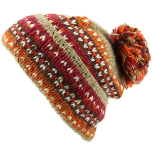 Chunky Wool Knit Baggy Slouch Beanie Bobble Hat - Rusty Brown
