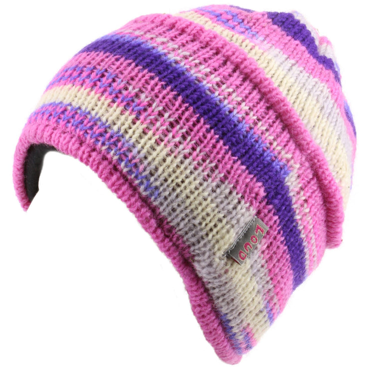 Wool knit ridge beanie hat with fleece lining - Pink & cream