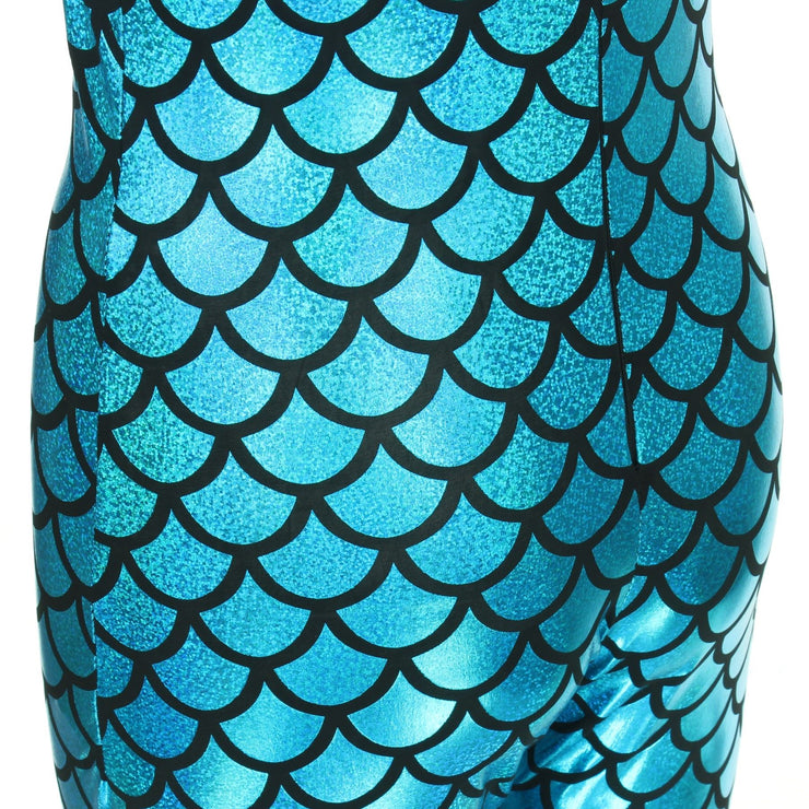 Shiny Mermaid Scale Sleeveless Catsuit - Turquoise